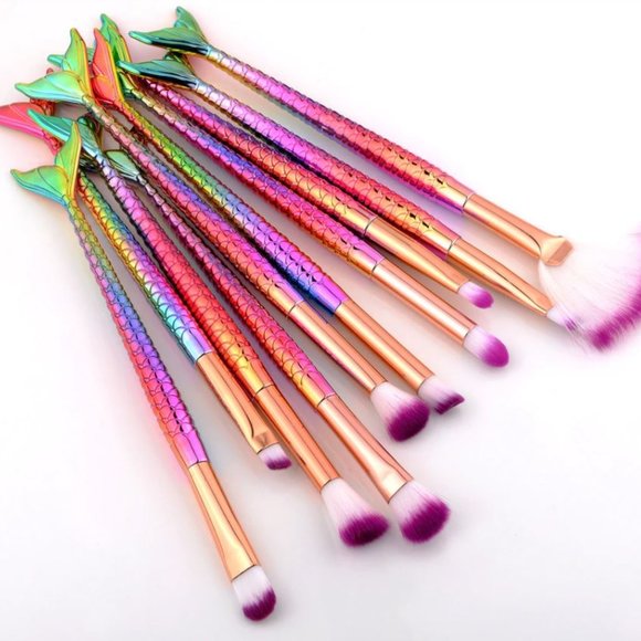 10 Piece Diamond Mermaid Make Up Brush Set Rainbow - Picture 3 of 6